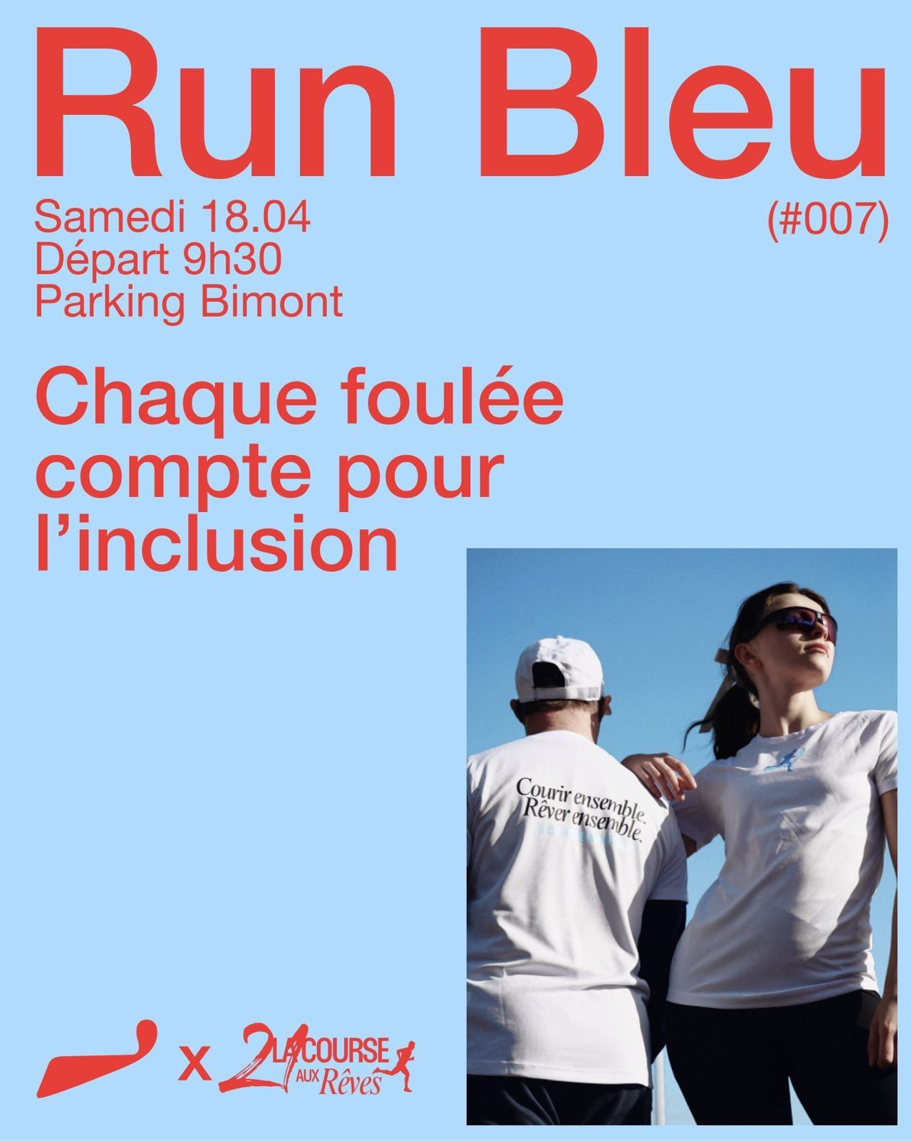 Affiche bleu ciel du Run Bleu #007 : chaque foulée compte pour l’inclusion.