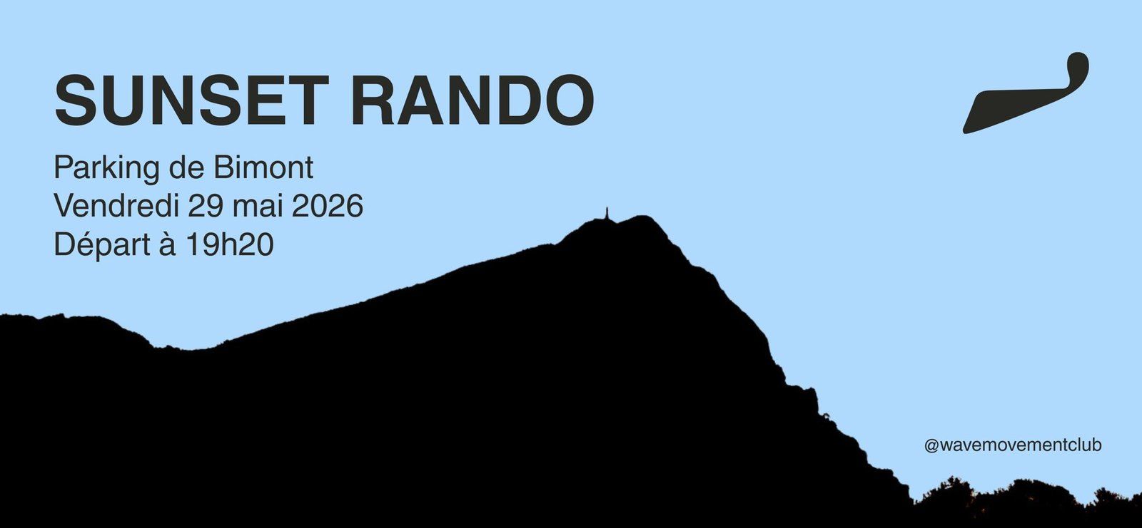 Affiche Sunset Rando, parking de Bimont, vendredi 29 mai, départ 19h20.