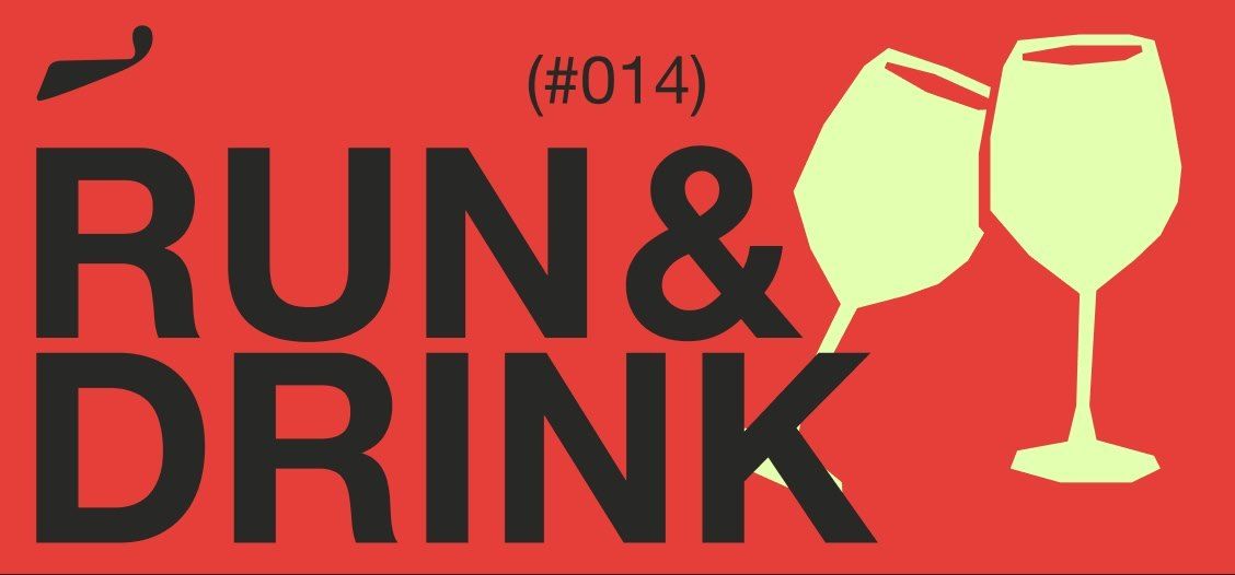 Affiche rouge Run & Drink (#014) avec deux verres.